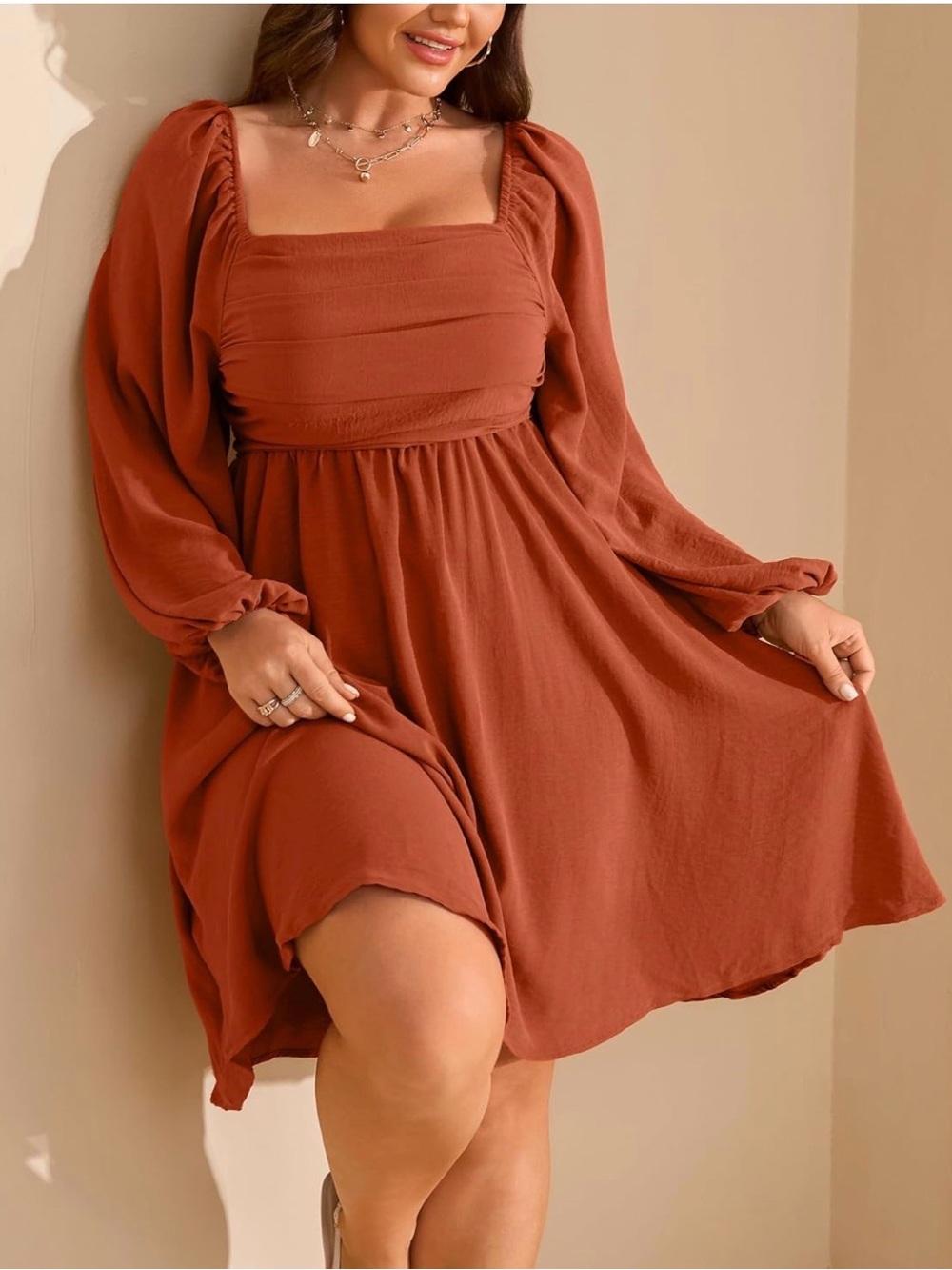 Rust Red Square-Neck Long-Sleeve Midi Dress